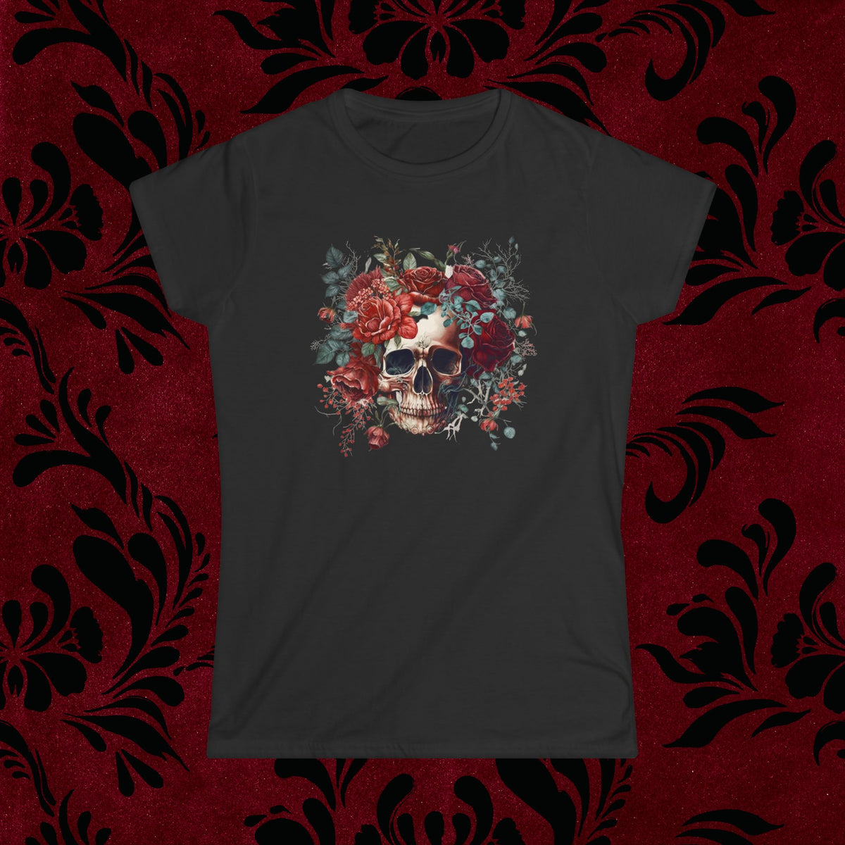 Women&#39;s Tee - Dark Floral Skull Design Dead Inside But Still Cute Goth Girls T-Shirt